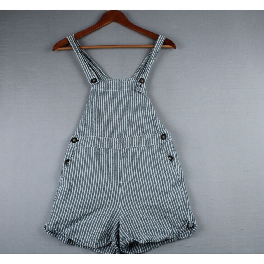 Cali 1850 Linen Cotton Blend Overalls Shorts Blue White Stripe Size XS Summer